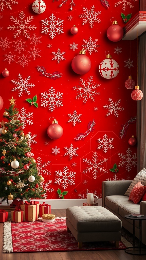 3D red Christmas wallpaper with snowflakes and ornaments in a festive living room.